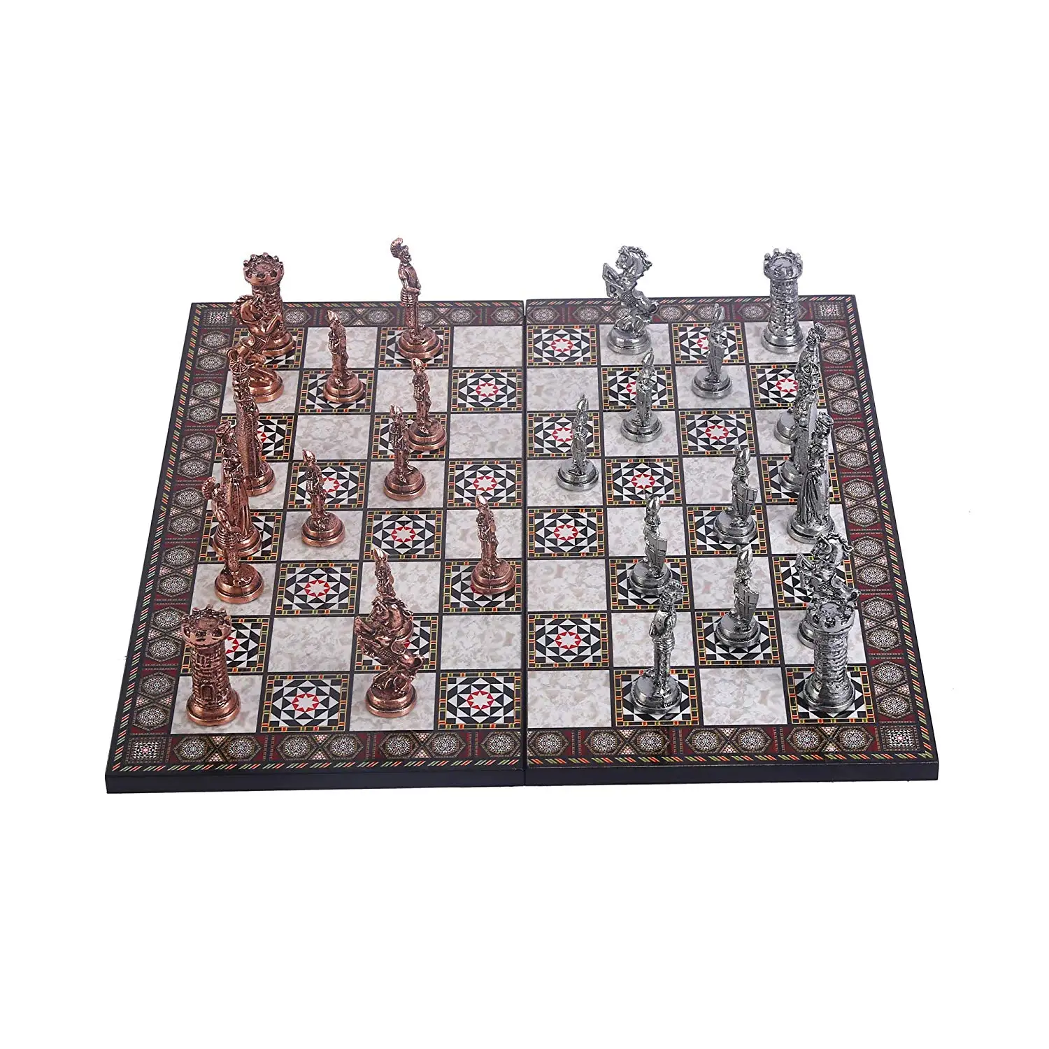 Medieval British Army Antique Copper Metal Chess Set,Handmade Pieces and Mother-of-Pearl Design Wood Chess Board King 9 cm