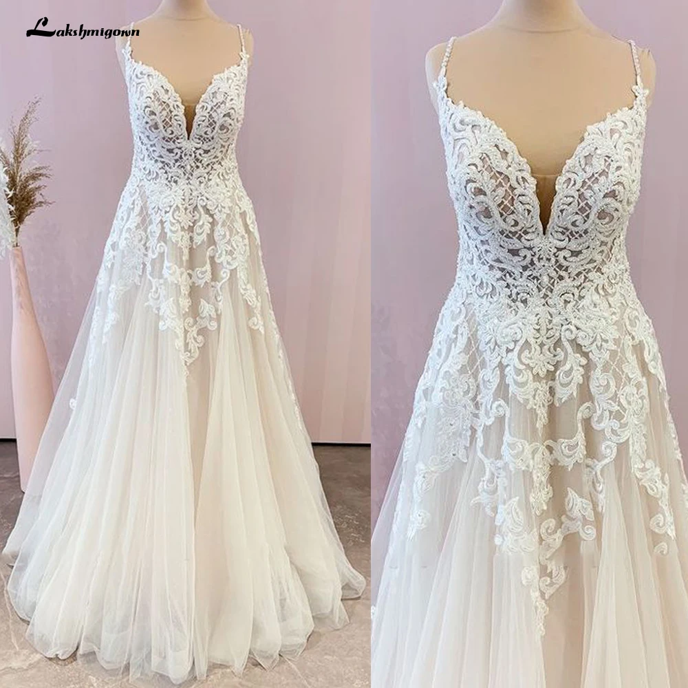 Sexy Bridal Lace Spaghetti Strap Wedding Dress Beach Robe Mariee V Neck Peal Boho Dress Wedding Gown Long Train