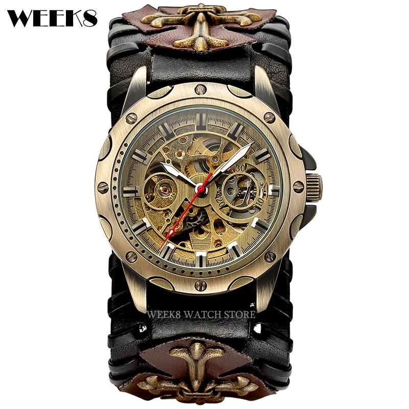 Imagem -02 - Relógio Mecânico Steampunk para Homens Relógios de Esqueleto Vintage Marrom e Bronze Numerais Romanos Relógio Masculino