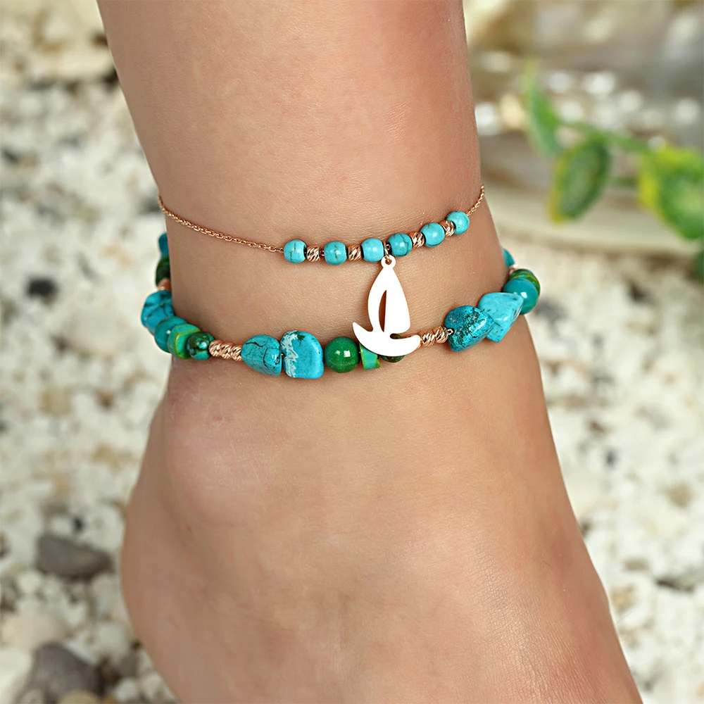 High Quality Rose Gold Plated Boat 925 Sterling Silver Jewelry Double Anklet with Turquoise