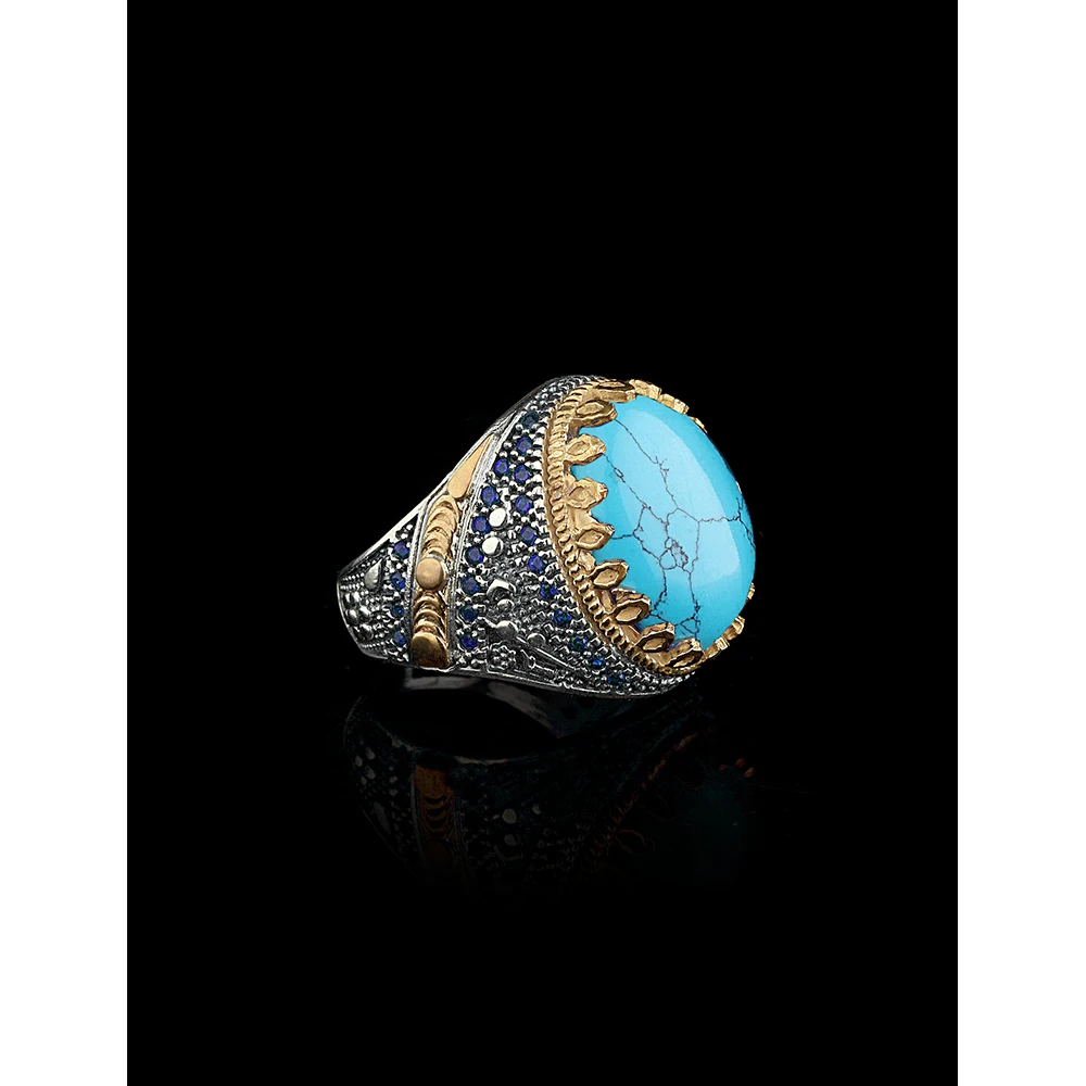 Natural Turquoise Stone Ottoman 925 Sterling Silver Mens Ring