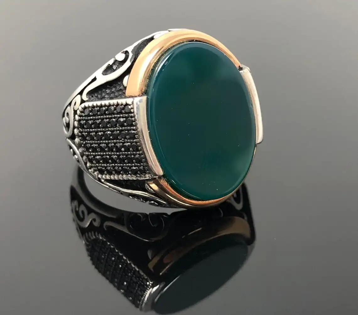 Elegant Ring in 925 Sterling Silver Green Agate And Side Black Micro Zircon Stone Trendy Gift forMen Rings Fine Jewelery