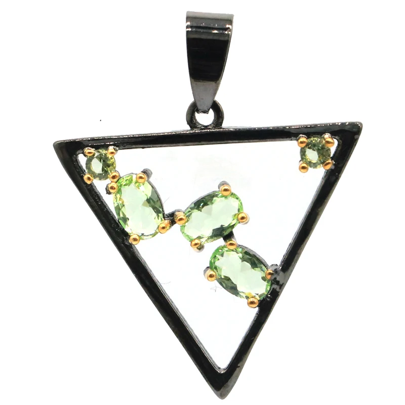 34x27mm Neo-Gothic Trangle Jewelry Set Created Tsavorite Garnet Smokey Quartz Pink Morganite Black Gold Silver Pendant Earrings