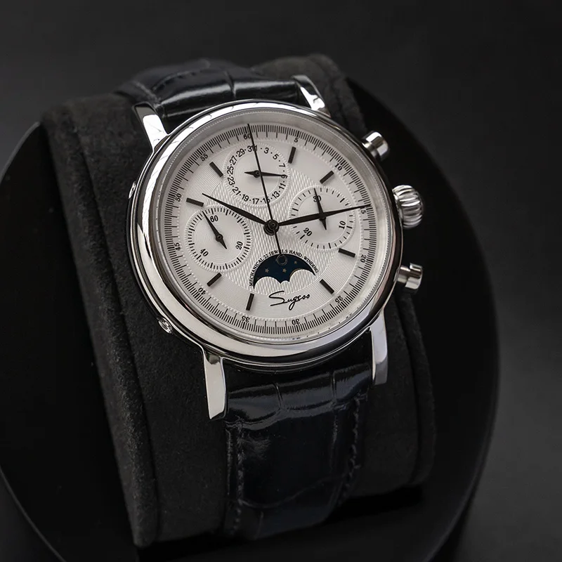 Original Movement ST1908 Sugess Men Mechanical Calendar Watch Chronograph Vintage Moonphase Wristwatch Waterproof