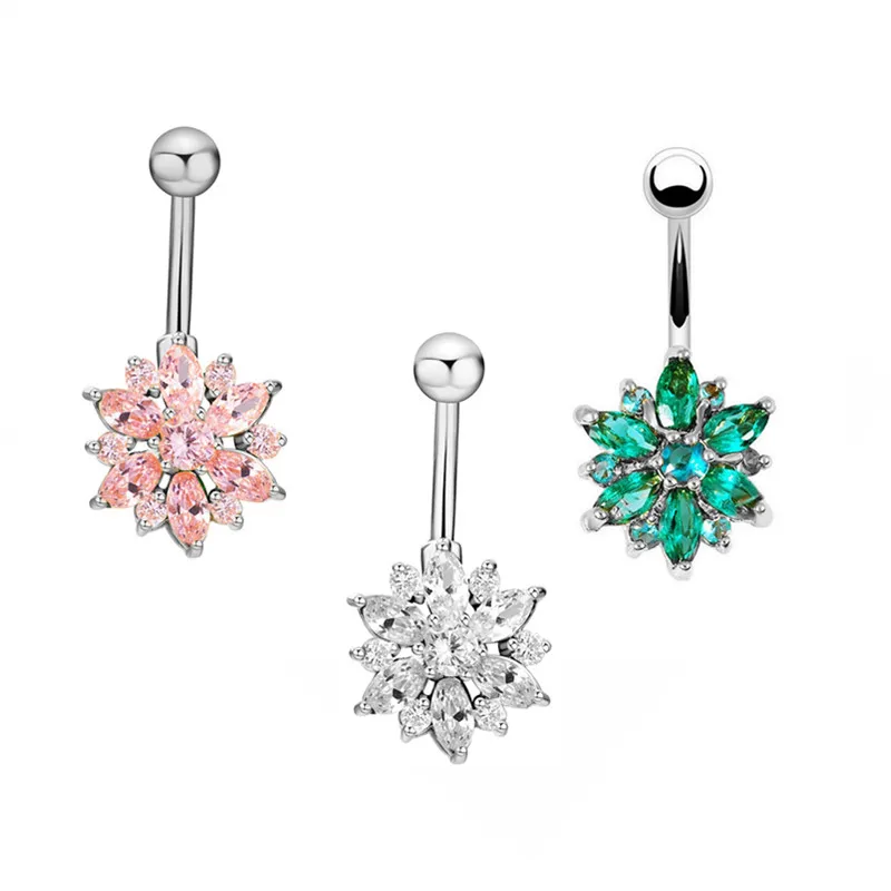 1/2PCS Sunflower Belly Button Ring 14G Surgical Steel Lotus Flower Belly Piercing Ring Opal Sexy Navel Piercing Cute Belly Ring