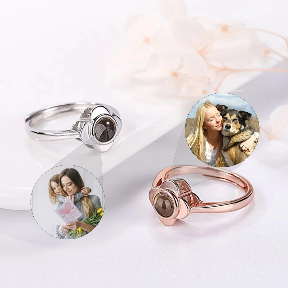 

Dascusto New Ring Custom Adjustable Photo Projection Ring 925 Silver Four-Leaf Clover Personalized Picture Rings For Women Gift