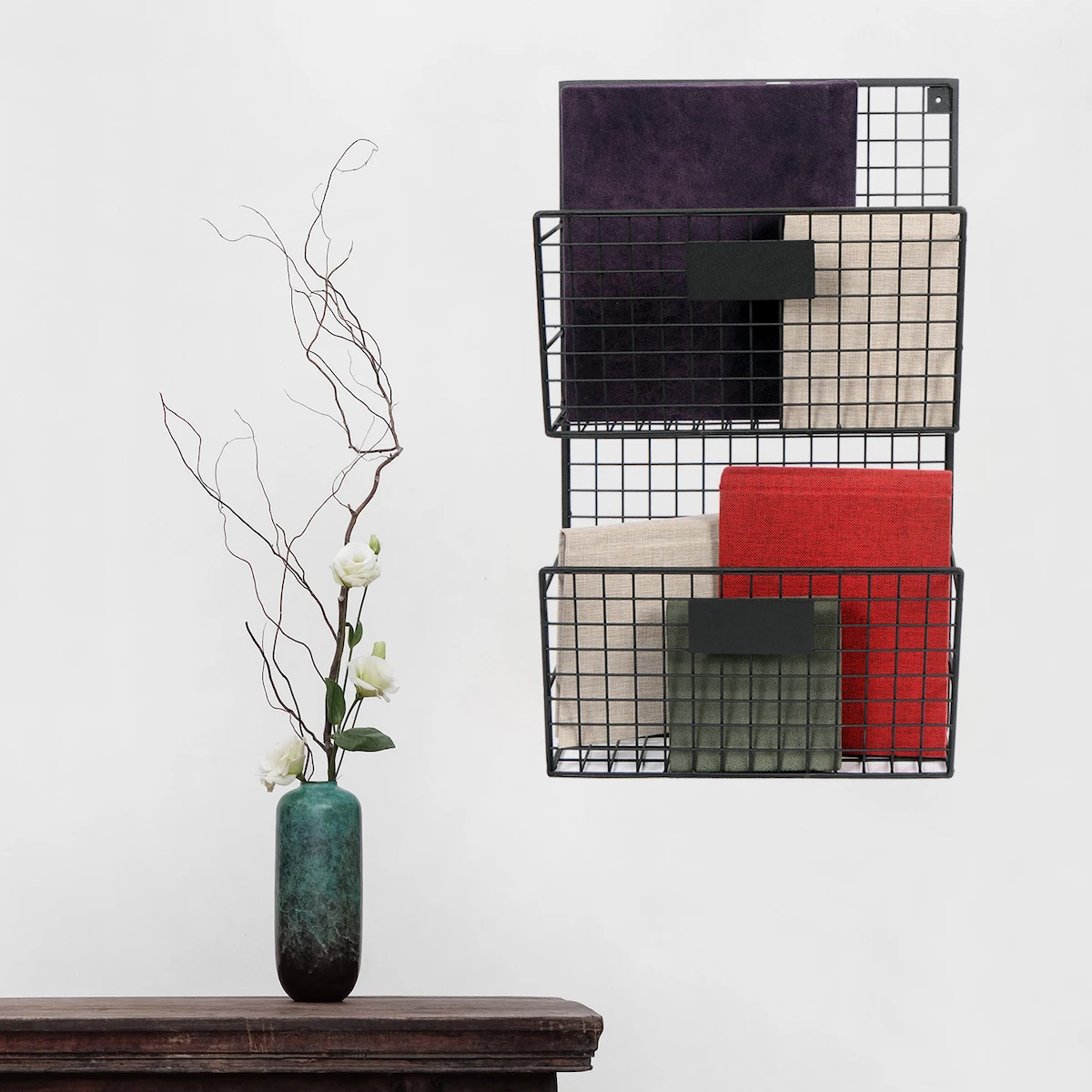 Iron Wall Shelf Grid Wire Magazine Holder, Bookshelf 2-Eyed Vertical Document Rack WD233-D2