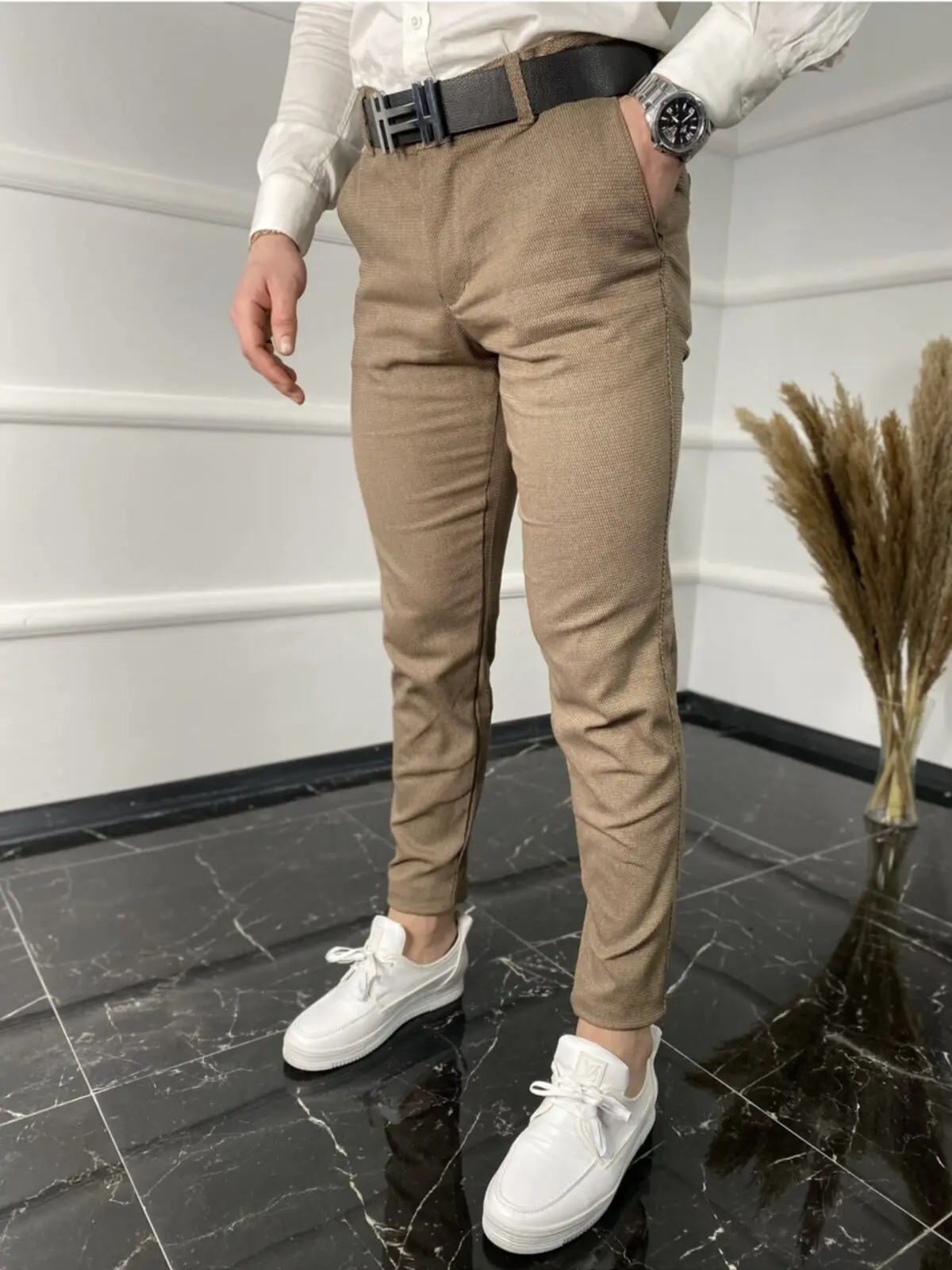 Men's Clothing Italian Cutting Honeycomb Patterned Linen Tight-Fitting Mould Cotton And Lycra Pants 1 Size Big Recommended To