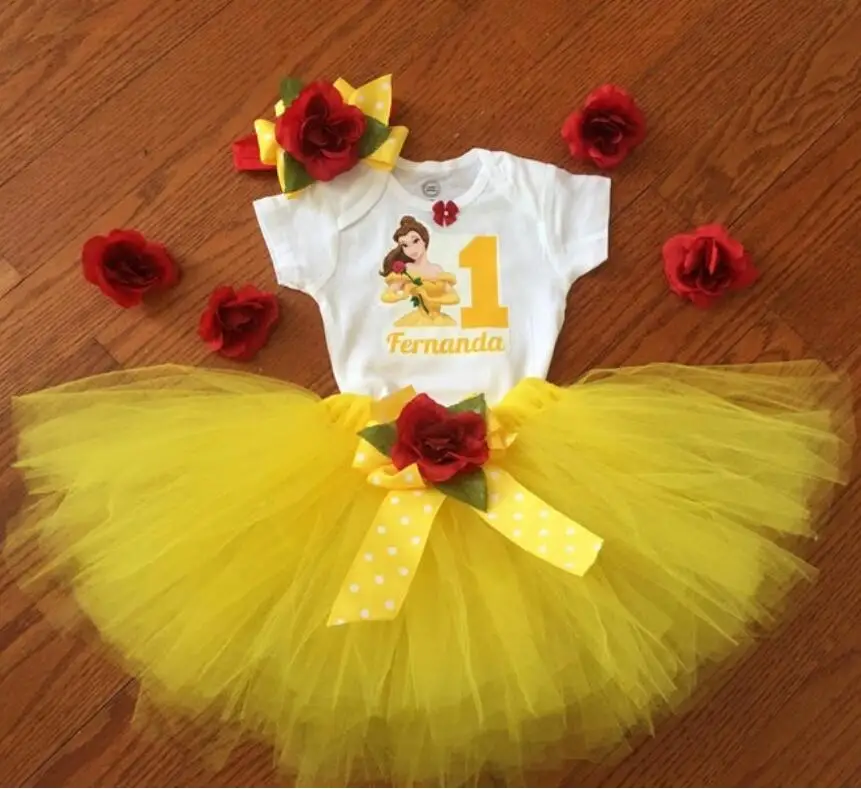 Custom girl Beauty Princess Ribbon Trimmed Tutu Set Birthday, Belle first birthday t shirt outfit set, Princess Belle dress