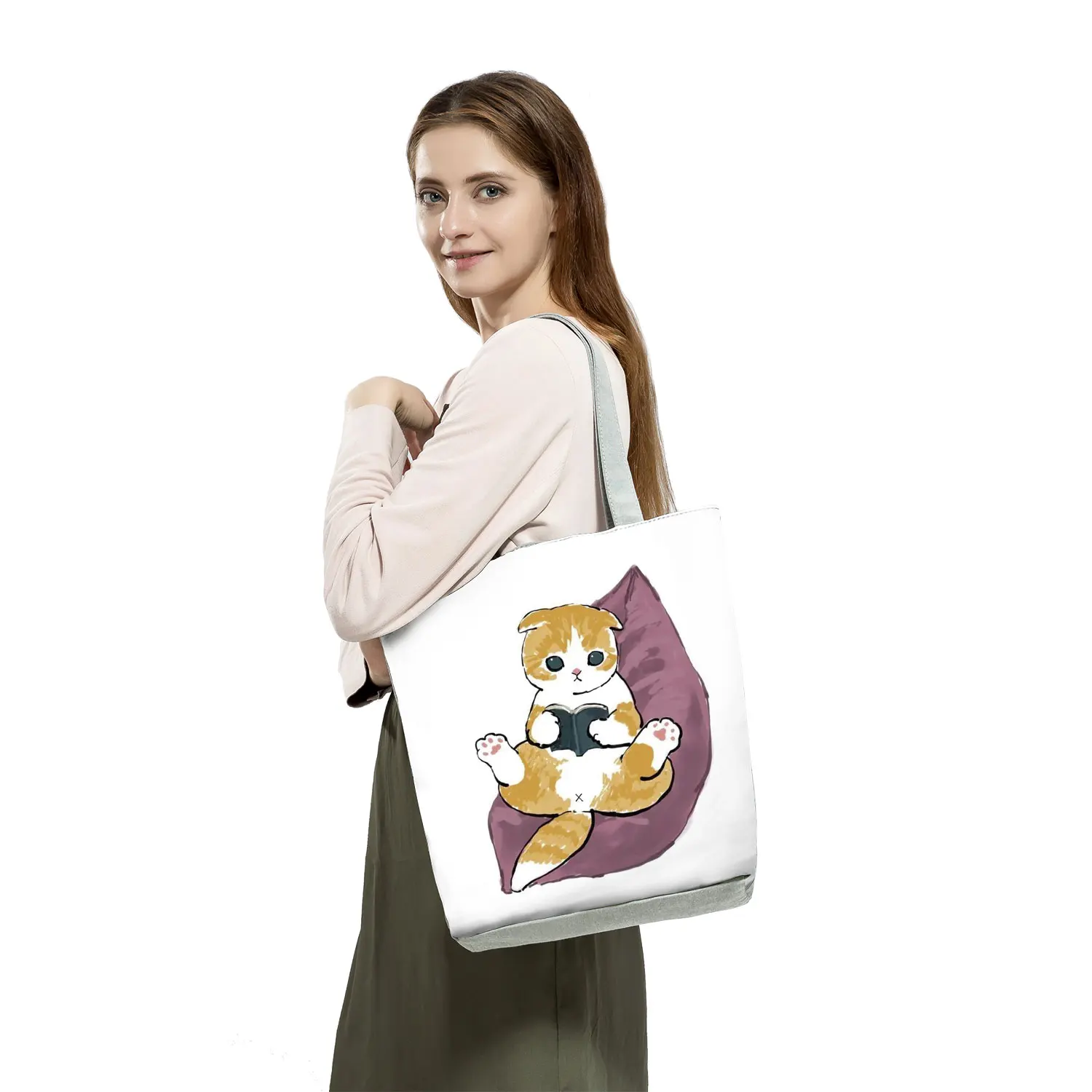 Bolso de compras personalizado para mujer, bolsa de hombro con estampado de tiburón y gato, portátil, para guardar comestibles