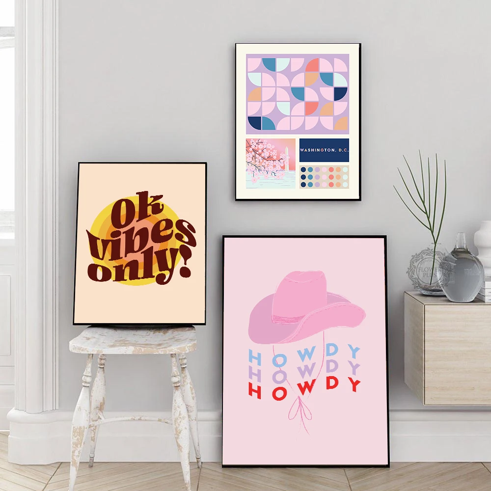 

Vibes Abstract Art Pink Quote Poster Print London Groovy Retro Cowboy Moon Landscape Canvas Painting Children's Living Room Home
