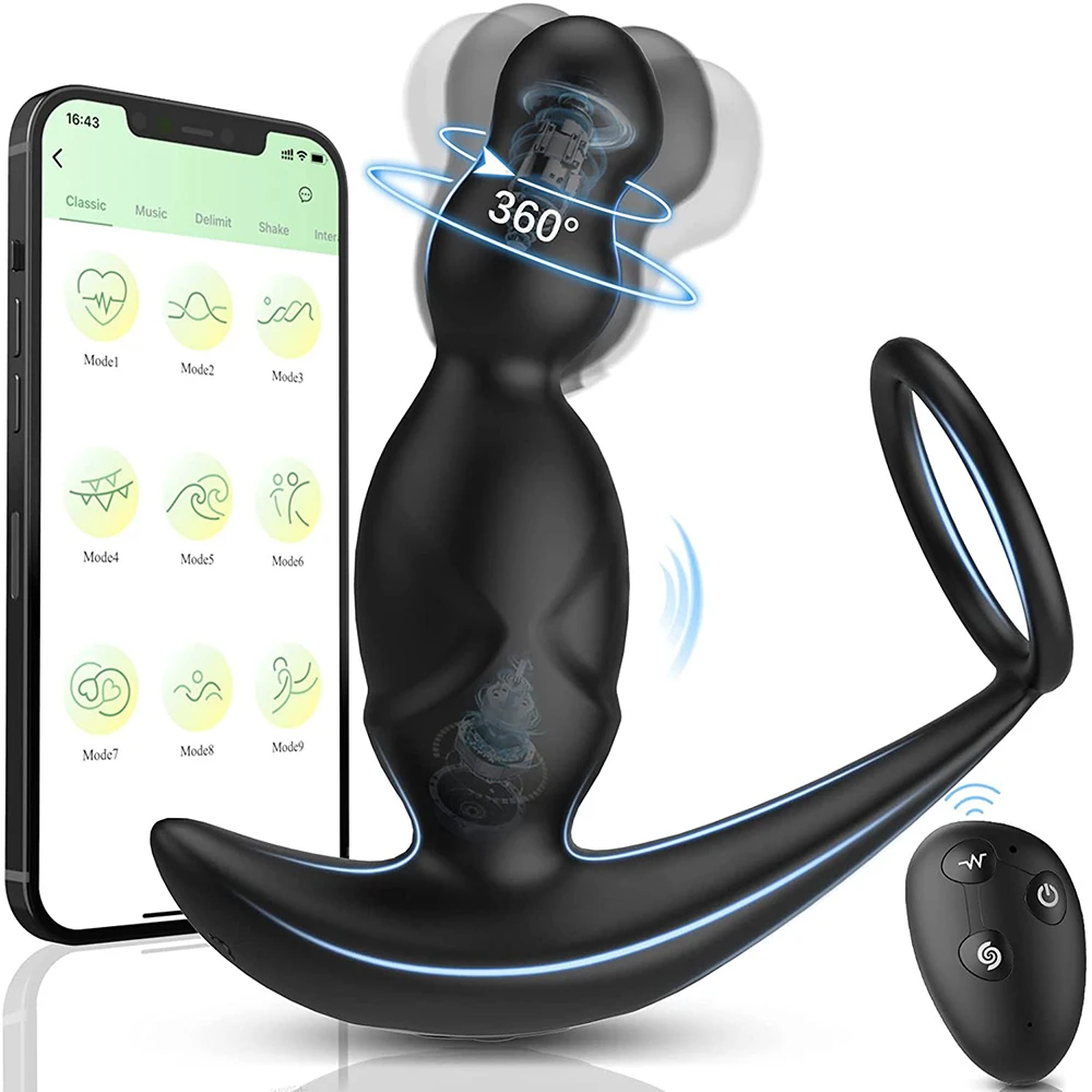 Bluetooth Male Prostate Massager Vibrator 360°Rotate Anal Plugs Penis Ring Butt Plug Vibrator APP Sex Toys for Men Masturbator