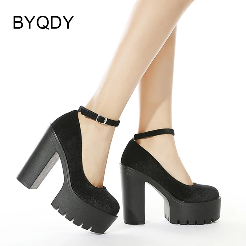 BYQDY Women's Classics Round Toe Platform Pumps Closed Toe High Chunky Heels Mary Jane Party Dress Shoes Suede Plus Size