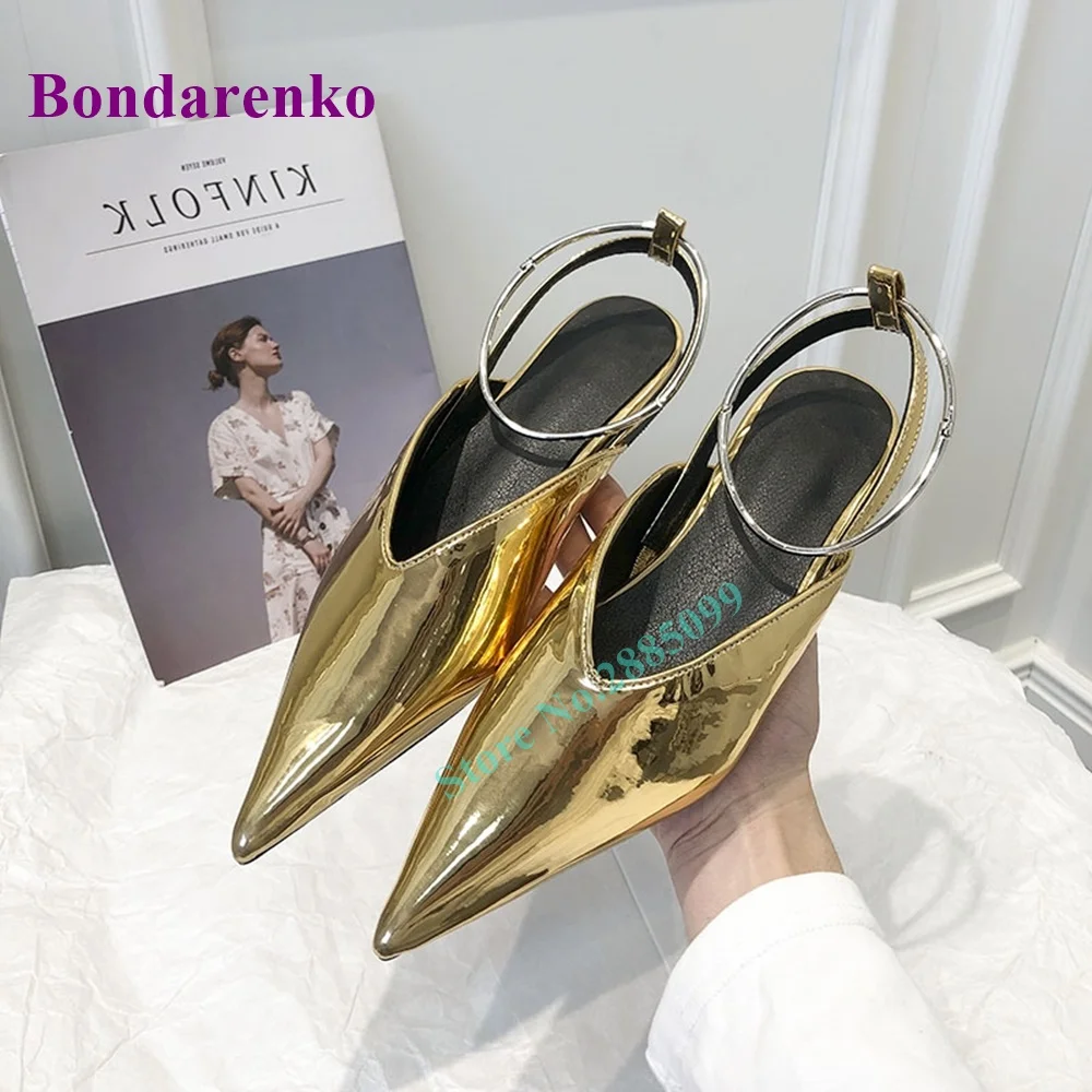 Gold Patent Ankle Straps Flat Pumps Pointy Toe Solid Flat With Slipper Slingback Sexy Women Pump Shoe Spring Summer Party Dress