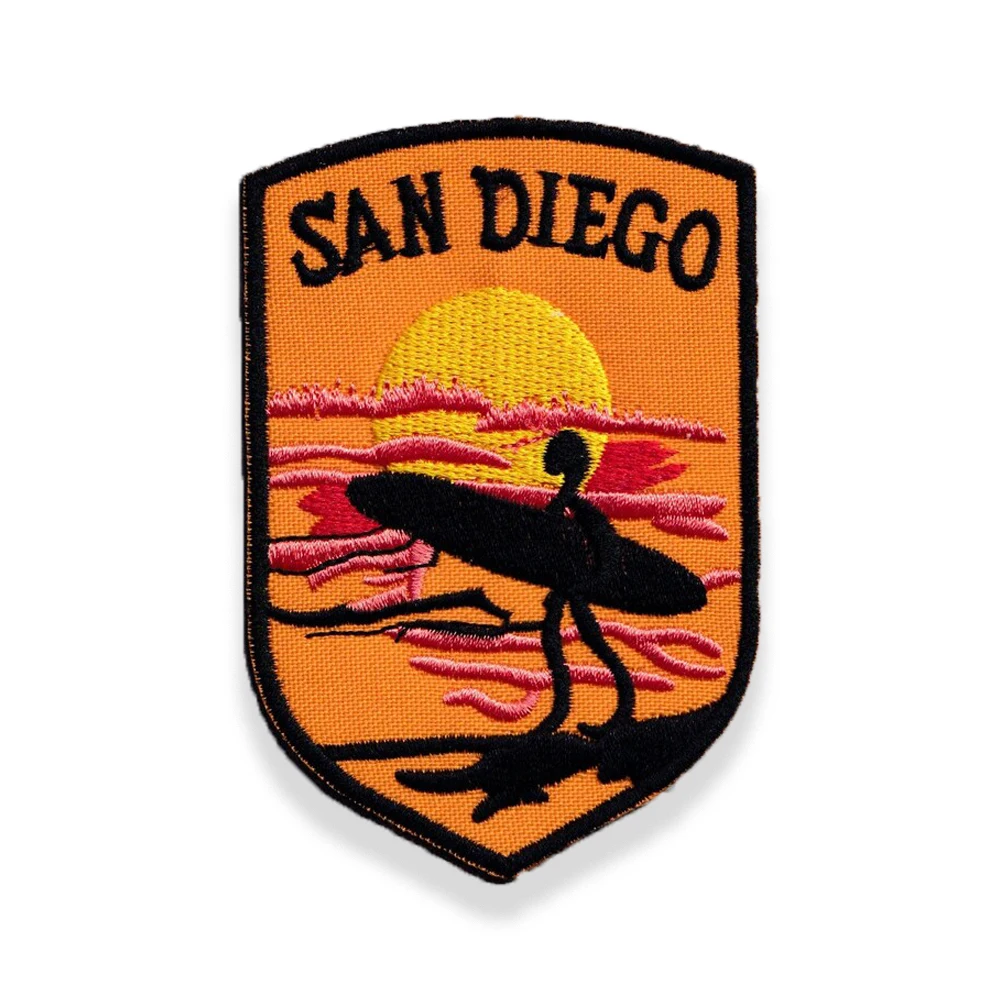 Embroidery San Diego Sunset Beautiful Girl Surfing Iron On Patch Travel Badge Patches Applique Backpack California for Clothing