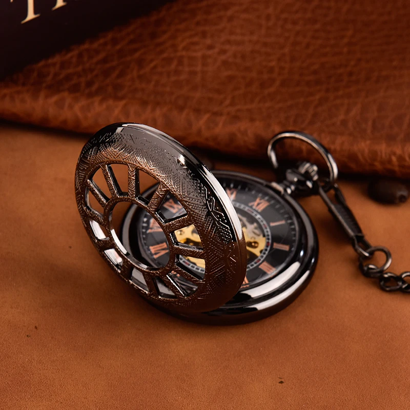 Hanging watch Large chain hollowed-out wheel black pocket watch Roman scale black mechanical pocket watch