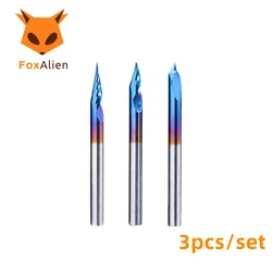 3pcs End Mills 20/30/60 Deg 0.1mm 2-Flute Spiral Engraving V-Bit Set, 1/8” Shank CNC Router Bits, Nano Blue Coating Carving Bit