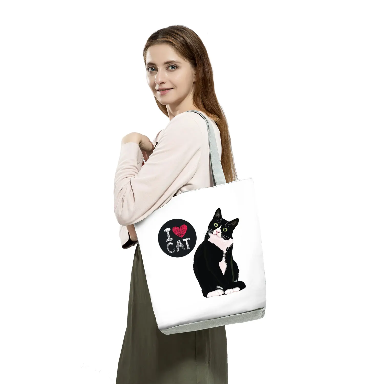 Fashion Handbgas Cute Black I Love Cat Painting Women Designer Tote Animal Graphic Eco Reusable Shopping Shopper Bags Foldable