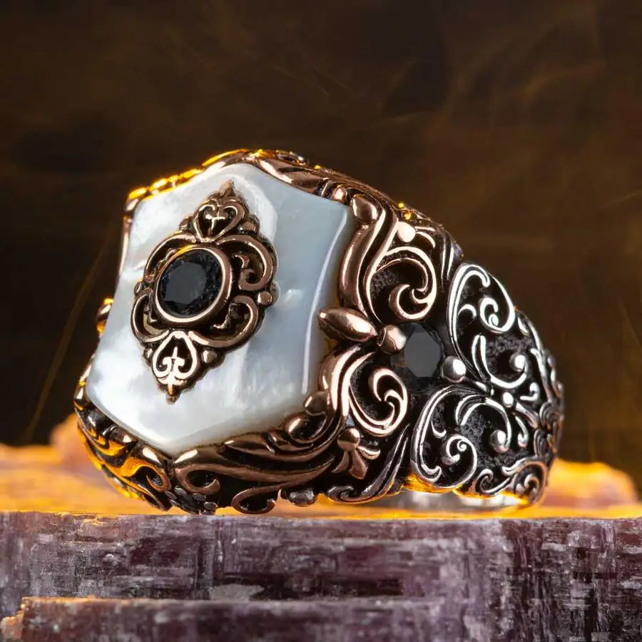 

Fashionable Design White Mother of Pearl Stone Silver Men Ring Fashion Turkish Premium Quality Handmade Jawelery