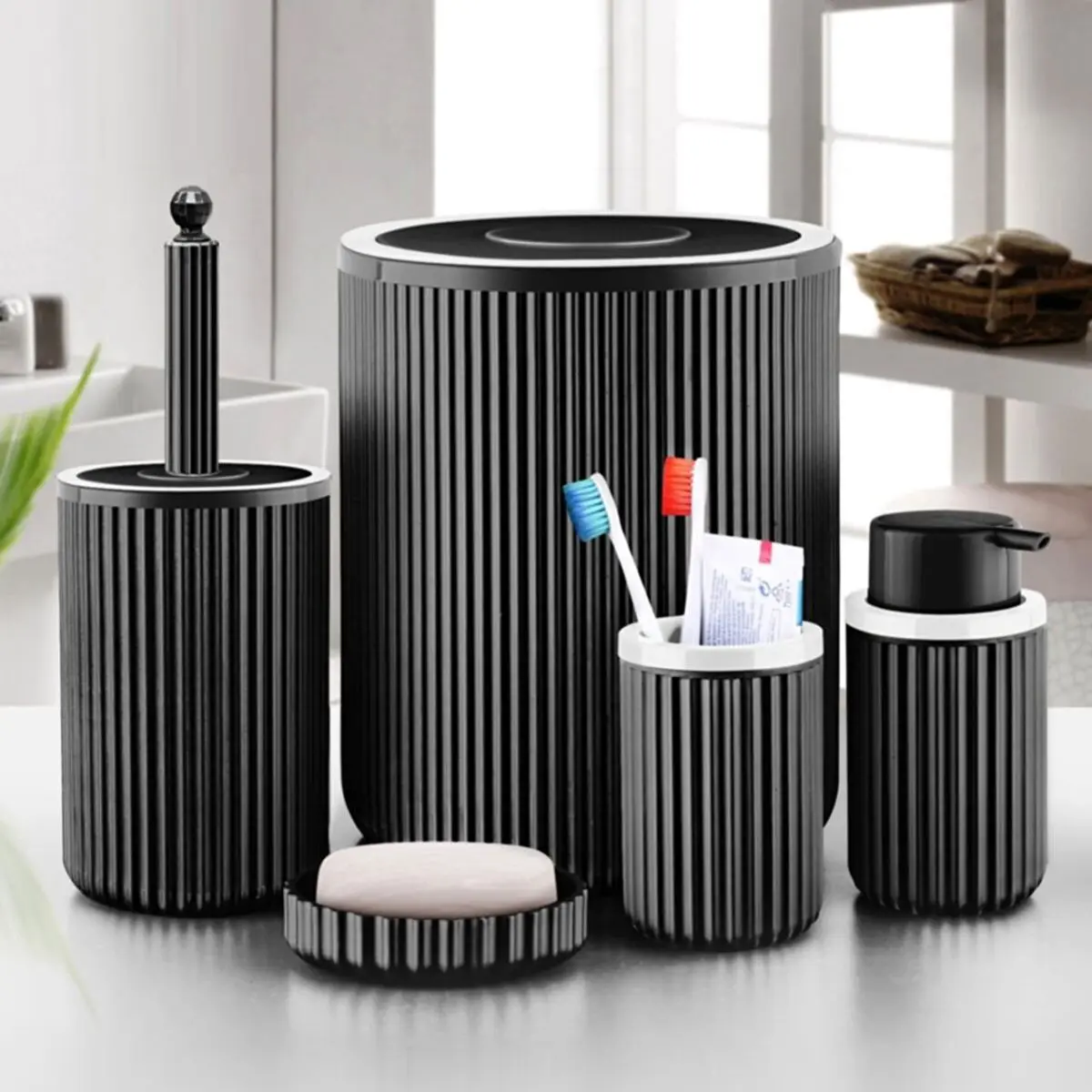 

5 Pcs Black Bathroom Set For Home Design Liquid Soap Dispenser Solid Soap Dispenser Trash Can Toothbrush Holder Toilet Brush