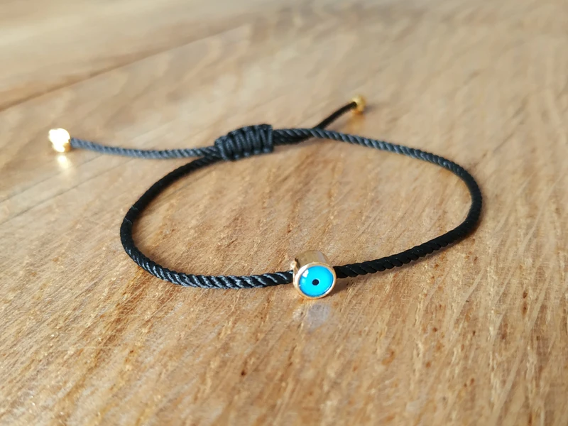 Blue Evil Eye Bead Macrame Hand Knit Rope Bracelet Adjustable Size black color rope and gold color metal