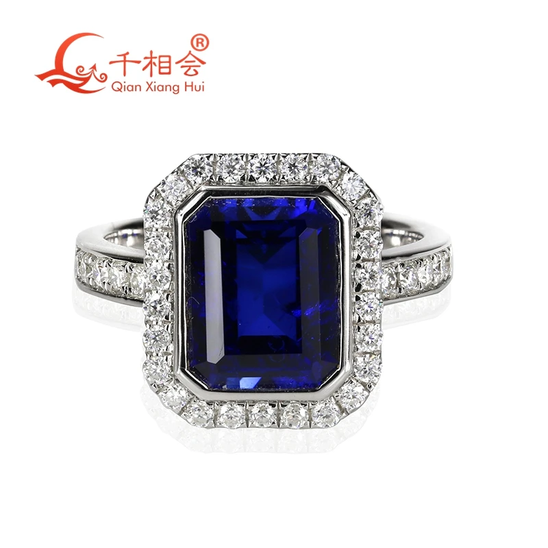 Lab grwon sapphire 9x11mm Emerald Cut stone melee white Moissanite Ring Silver s925 Diamonds Wedding Engagement Ring Women