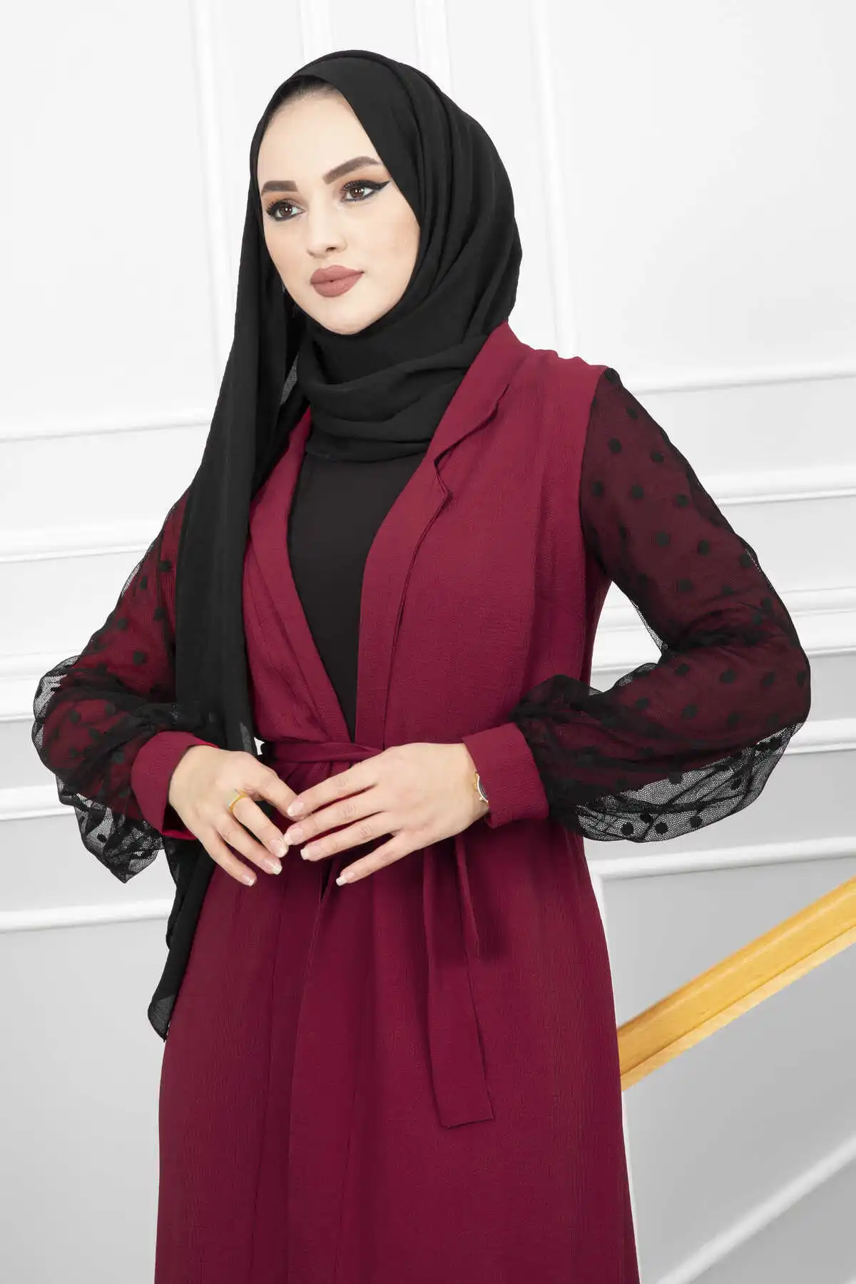 Women Sleeves Tulle Polka Dot Hijab Abaya Ramadan Muslim Dress Dubai Turkey Islamic Clothing Kaftan Robe Longue Femme Musulmane