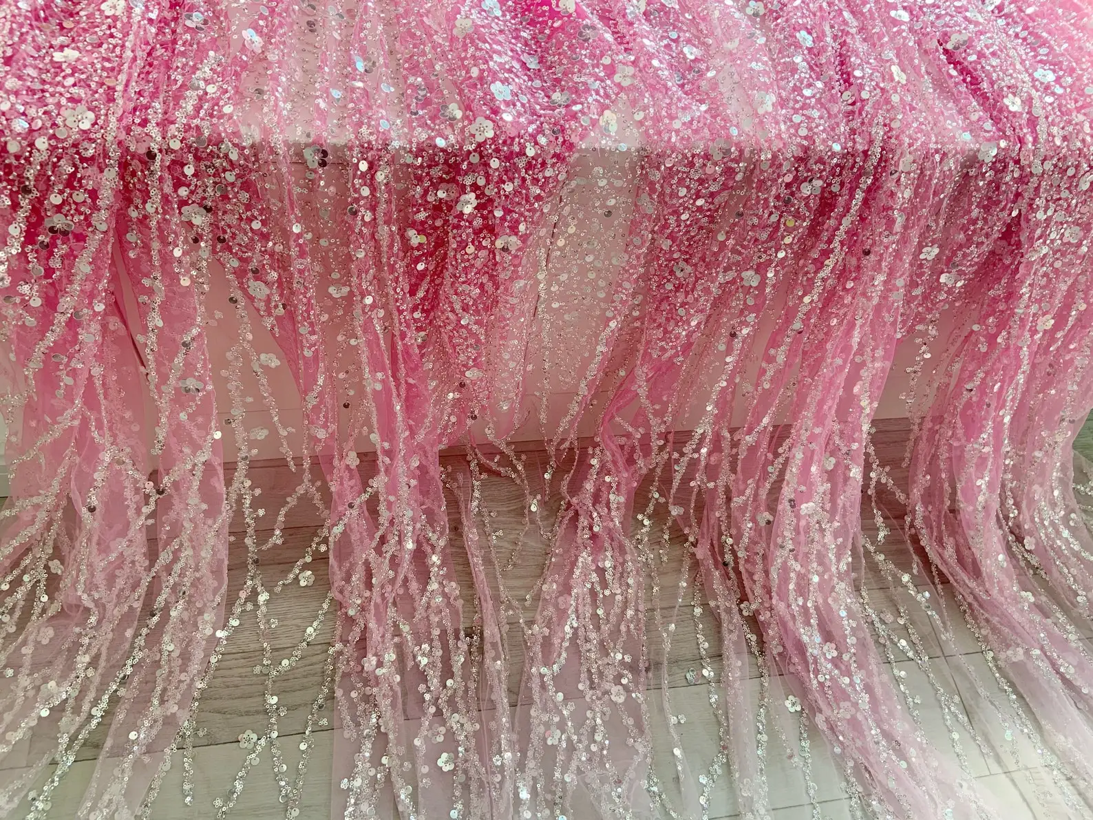 Pink Sparkle Bead Tulle Lace Fabric Dip Dye Bead Fabric With Gradient Colors With Florals Vines For Bridal Dress