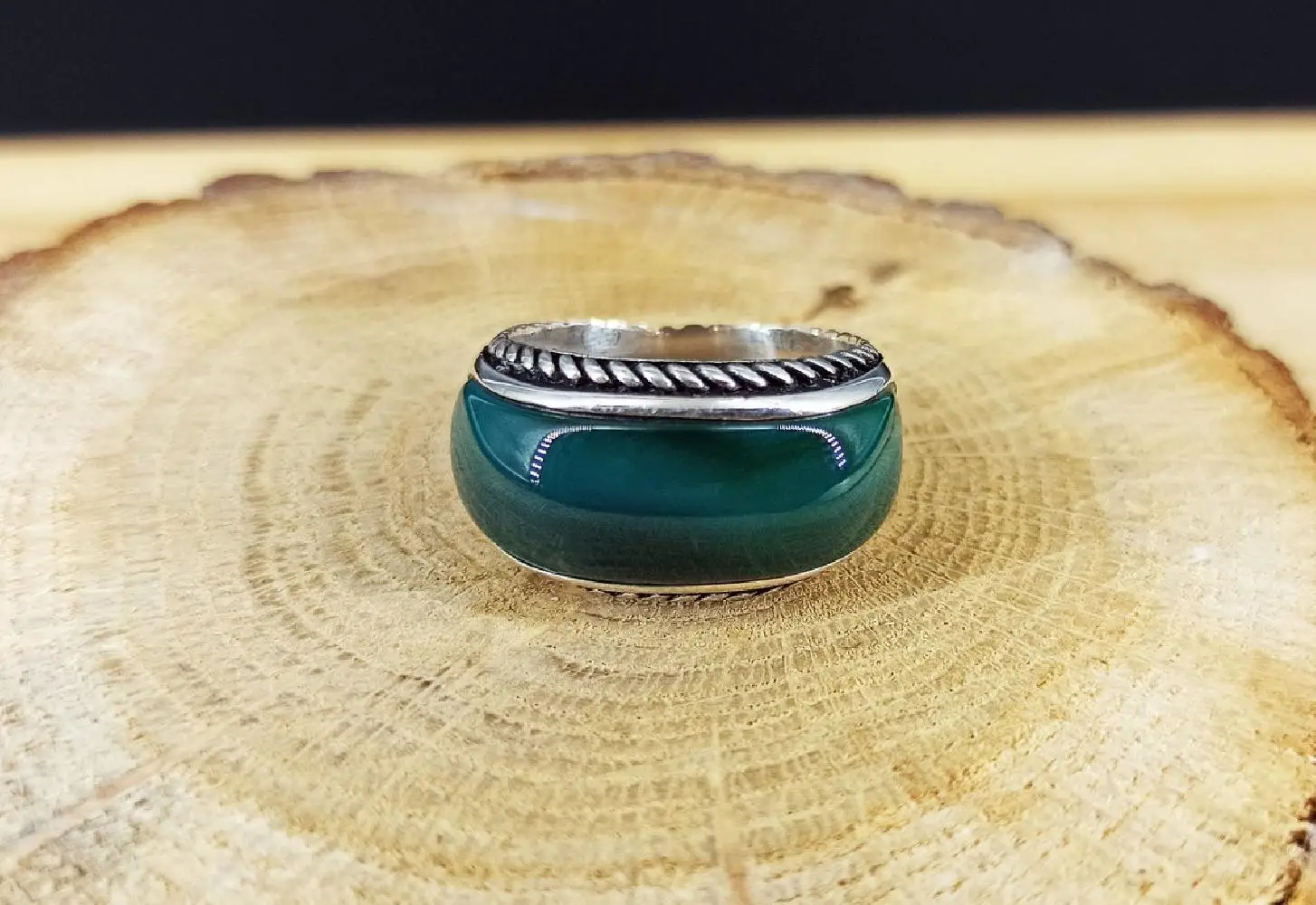 925 Sterling Silver Slim Green Agate Business For Daily Collocation Wholesale Male Punk Mask Rings Vintage Antique Jewelry