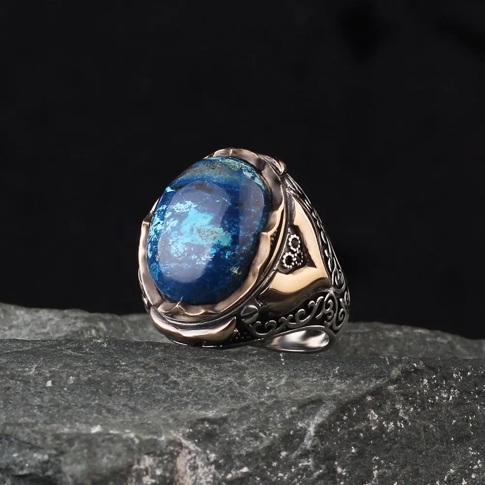 MEN 'S 925 Sterling Silver Ring, Azurite Gemstone, Real Natural Stone, Made in Turkey, for men Gift Jewelry, Fashion Accessory 2022 Trend