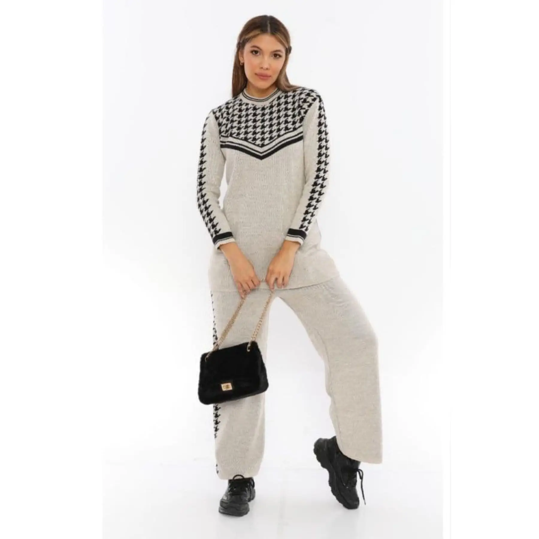 2 Piece Women's Sports Set Crowbar Patterned Long Sleeve Sweater and Baggy Big Size Pant Sportive Set One Size Turtleneck Turkey