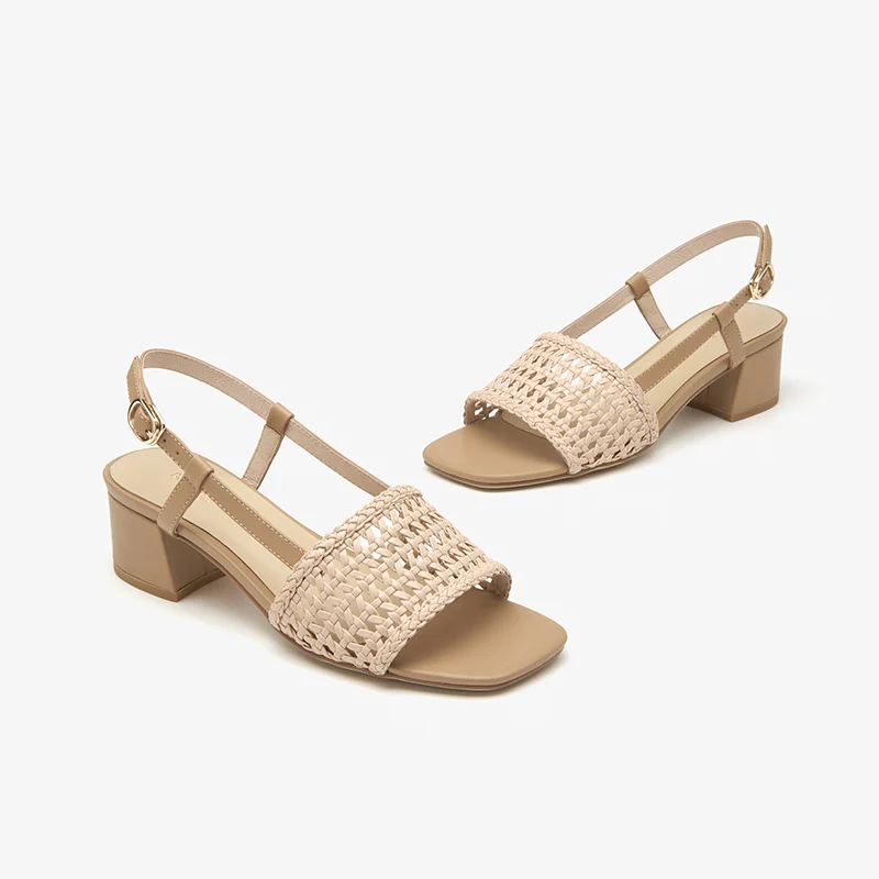 BeauToday pompy sandały damskie Slingback Open Square Toe skórzane tkane kwadratowy obcas pasek z klamrą lato na świeże powietrze damskie buty 31219