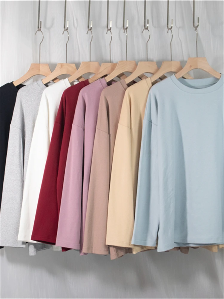 Colorfaith New 2022 Oversized Solid Bottoming Long Sleeve Wild Thicken Minimalist Style Women Spring Autumn T-Shirts Tops T2789