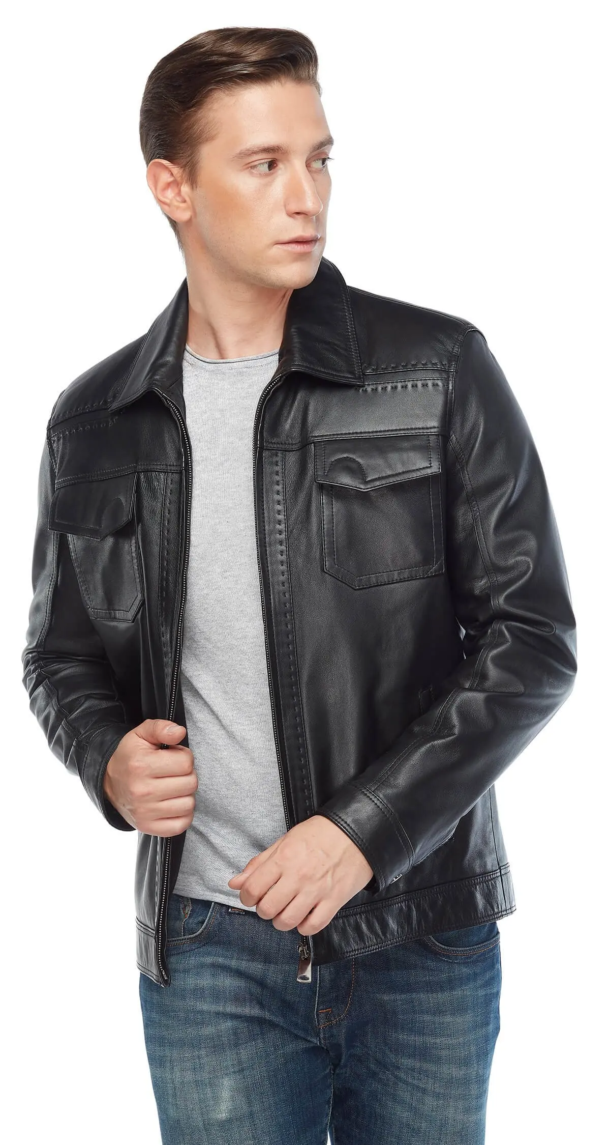 Marco Puntolu Phối Da Đen Gốc Da Cừu Thu Đông 2022 Biker Slim Size Lớn VintageTürkiye