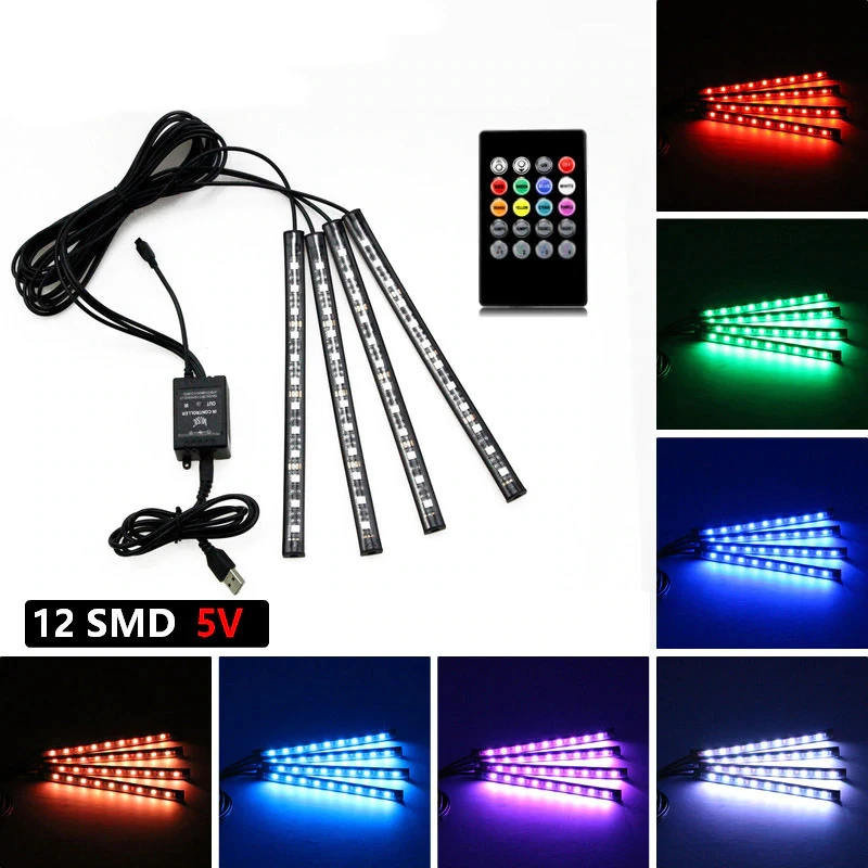 4pcs Music Control Car Decorative Lamp USB Led Strip 12V 5V RGB 5050 SMD Waterproof Car Interior Atmosphere lamp With Remote