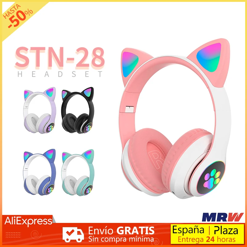 Helmet Headphones With Microphone bluetooth 5.0 / 3.5MM Dual Connection Wireless Cat Ears RGB Flash Light Foldable