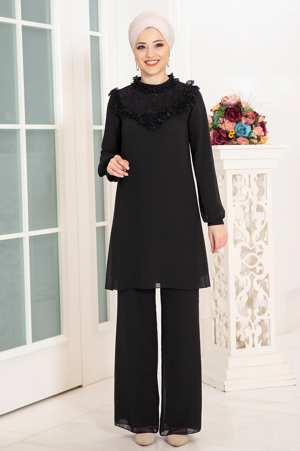 Summer 2021 2 piece Set muslim women turkey Lace Abaya blouse wide leg pants Kaftan Eid suit Islamic clothing djellaba