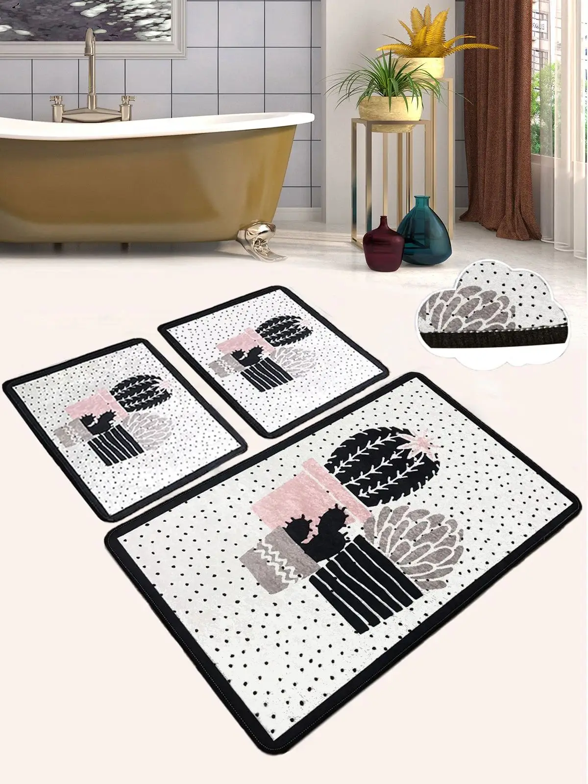 Three Cactus Djt Set of 3 Bathroom Carpet Mats Non-Slip Base Washable Set for Closet Easy To Clean