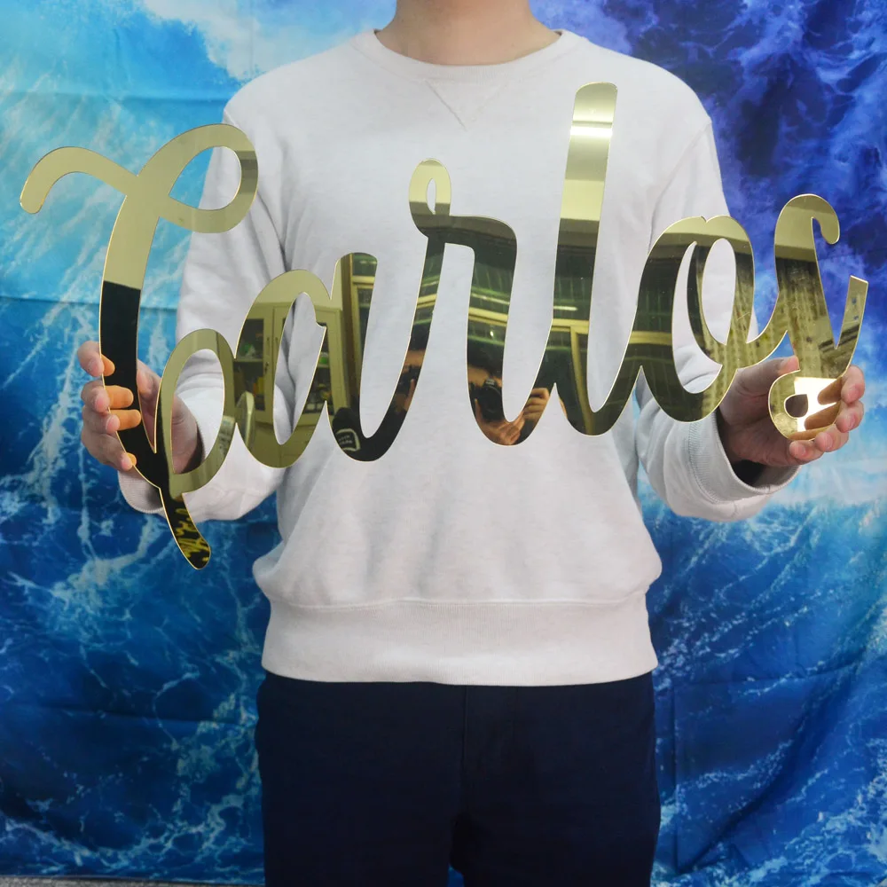 علامة اسم أكريليك مخصصة لحفل الزفاف ، اختر خطك ، علامة ذهبية مرآة ، سرير حضانة الطفل ، ديكور منزلي خشبي #4