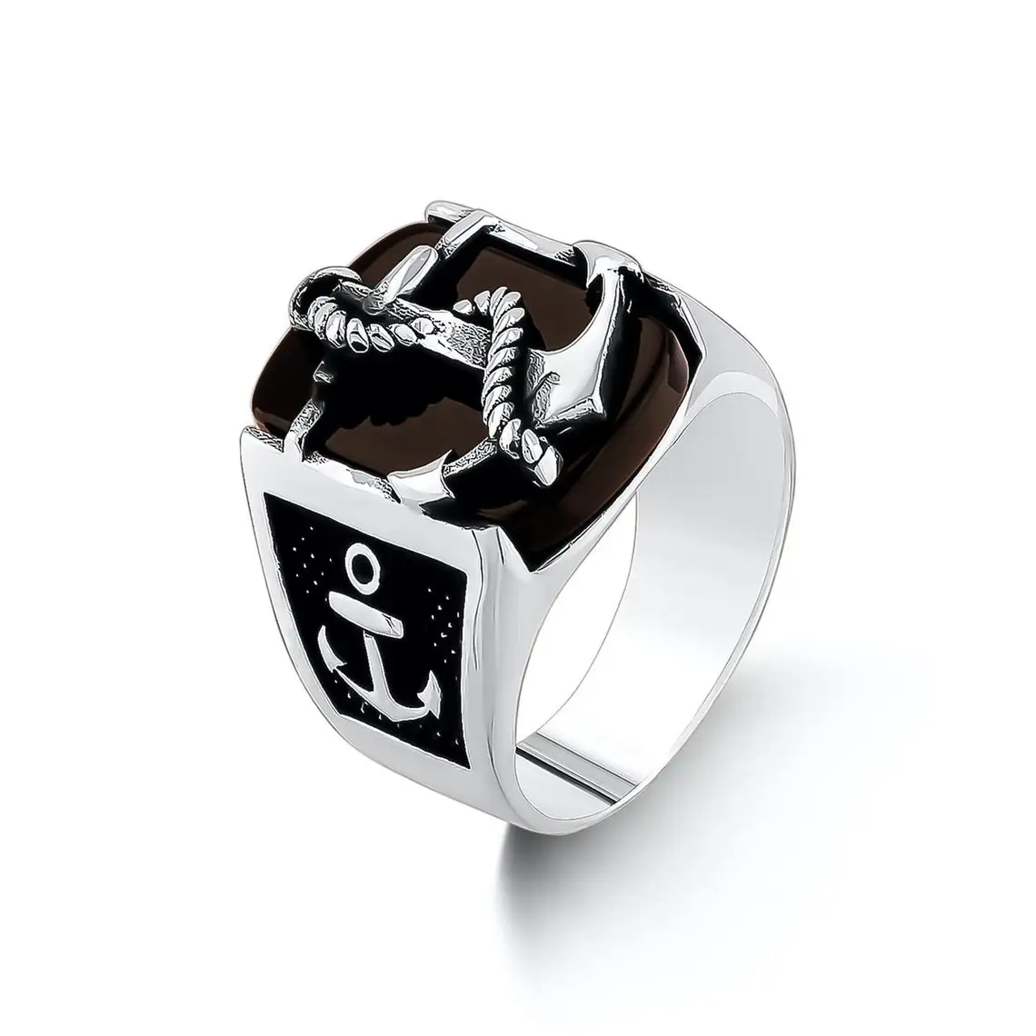 925 Sterling Silver Elegant Model Anchor Figure Sailor On Black Onyx Stone Men' Ring Exclusive for Men Special Ring