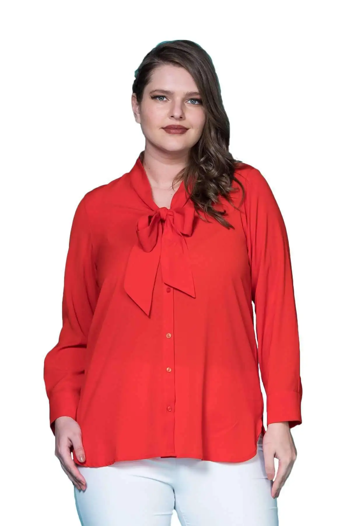 Hanezza Plus Size Tie Collar Crepe Shirt