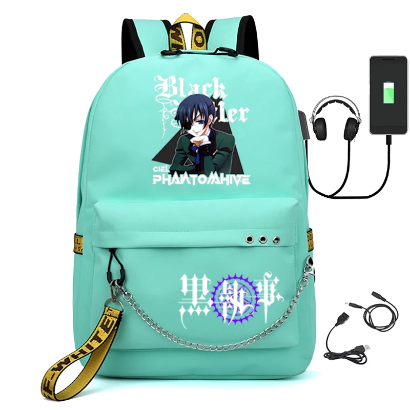 Black Butler School Bag Travel Laptop Chain Backpack Headphones USB Port Backpack