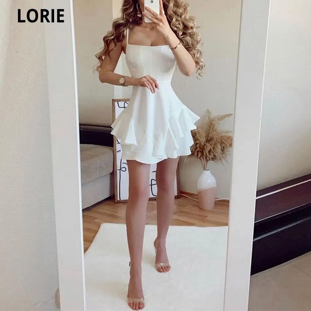 

LORIE Short Soft Satin Prom Dress 2021 Boat Neck With Spaghetti Straps Party Dress Darped Cheap Formal Vestidos De Noche