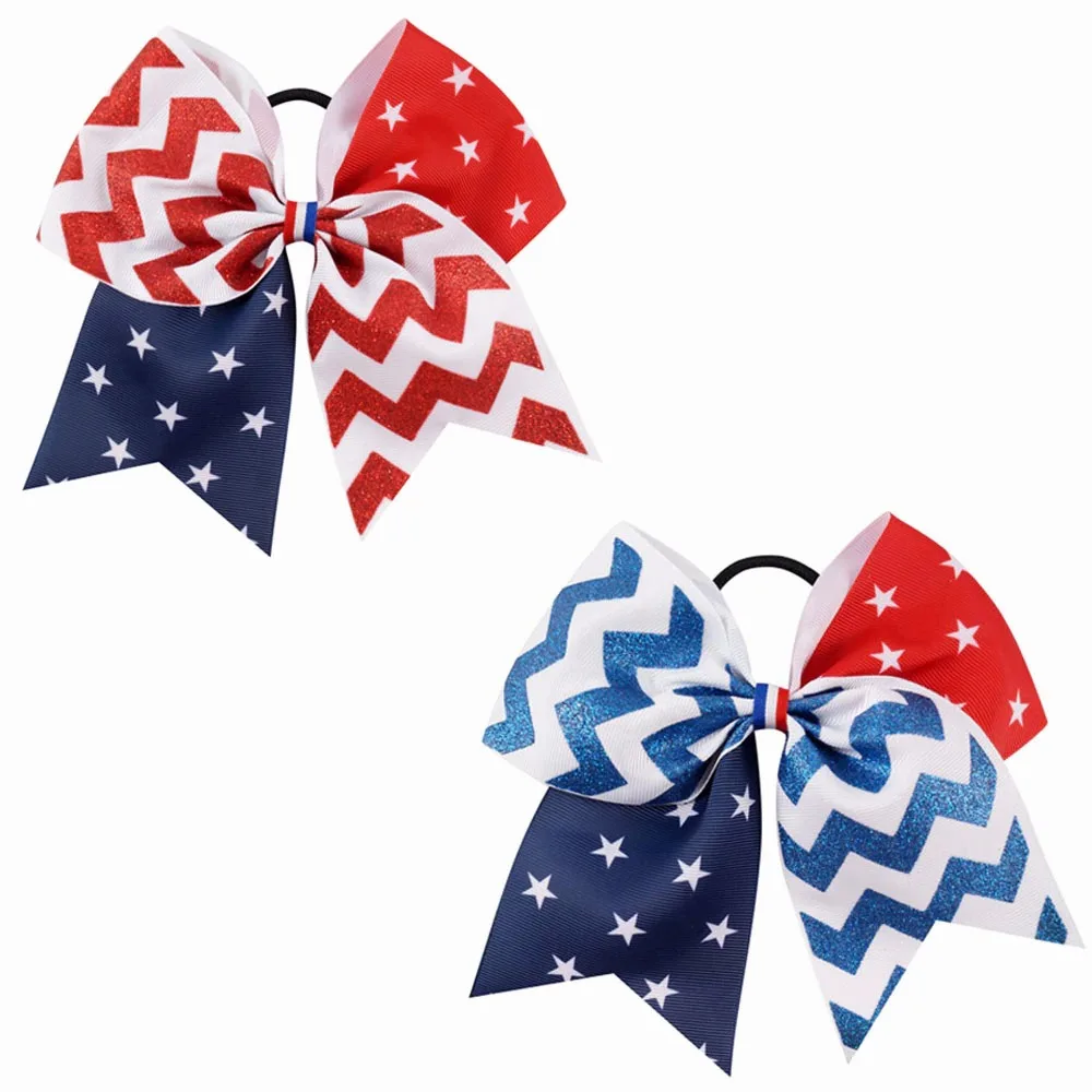 2pcs/lot 7\'\' 4th July Kids\' Printing Patchwork Patriotic Cheerbow with Elastic  Ponytail Ribbon Cheerleading Bows for Girls