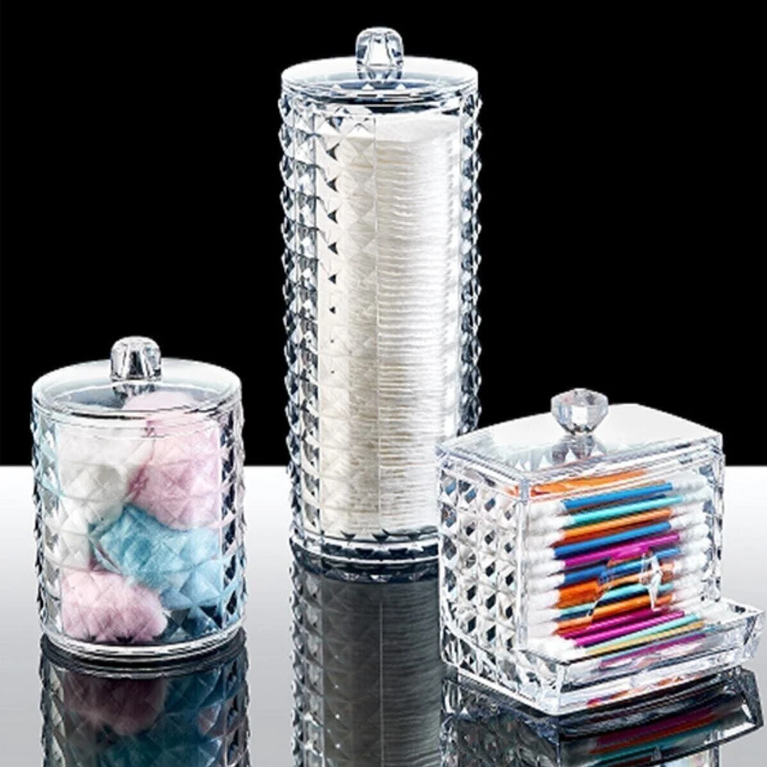 Quality Makeup Organizer Acrylic Makeup Cotton Storage Ear Stick Diamond Design Lux Bathroom Accessory Jewelry Storage