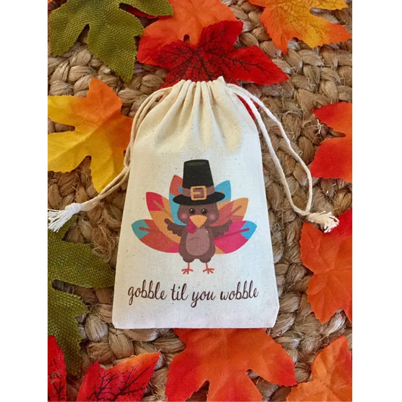 

10 Gobble Til You Wobble Turkey Treat Bag custom birthday gift bags wedding welcome muslin bags baptism Thanksgiving Favor bag