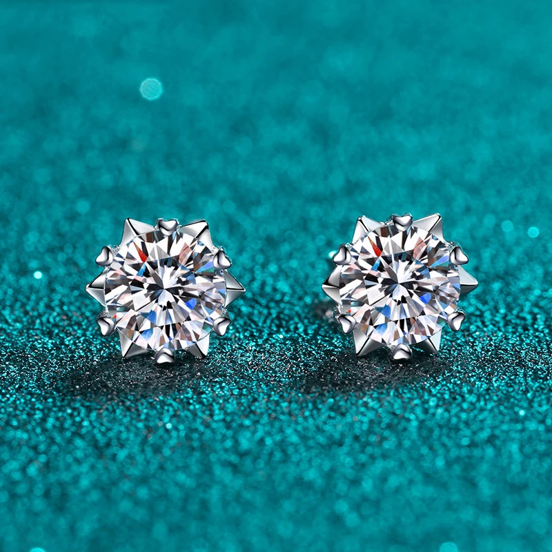 

KNOBSPIN Moissanite Stud Earrings 1CT 2CT White Gold Plated Sterling Silver D VVS1 Lab Diamond Snowflake Ear Studs For Women