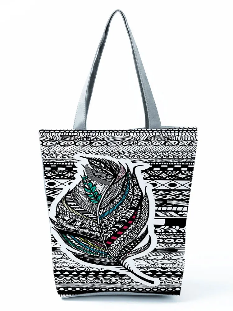 Geometry Printed Handbags Feather Classic Lady Large Capacity Reusable Shopping Bag Floral Women Retro Shoulder Bag Tote Black