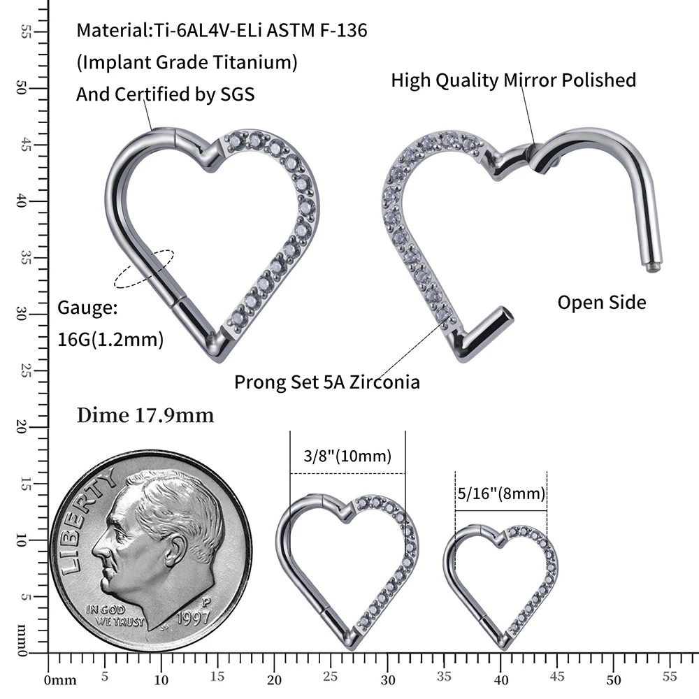 Right Grand ASTM F136 Titanium Daith Heart Earring Hoop Cartilage Tragus Helix Rings Hinged Segment Hoop with Clear CZ