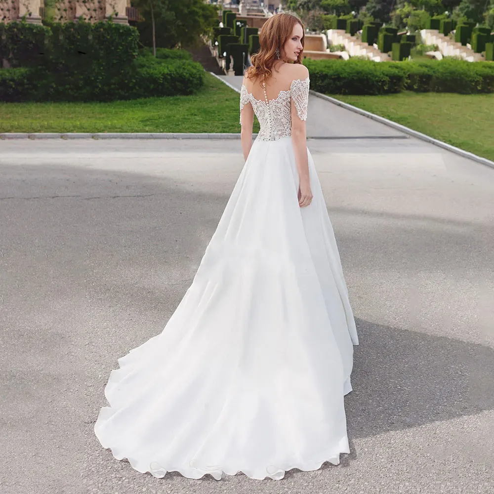 Abiti da sposa eleganti con scollo a cuore e maniche a cuore Illusion Back A-Line Appliques in pizzo abito da sposa in Chiffon con strascico su misura